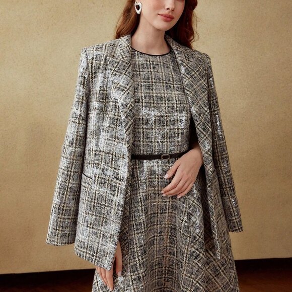 MULTICOLOR PREPPY WOMENS PLAID SEQUIN BLAZER - Picture 5 of 8